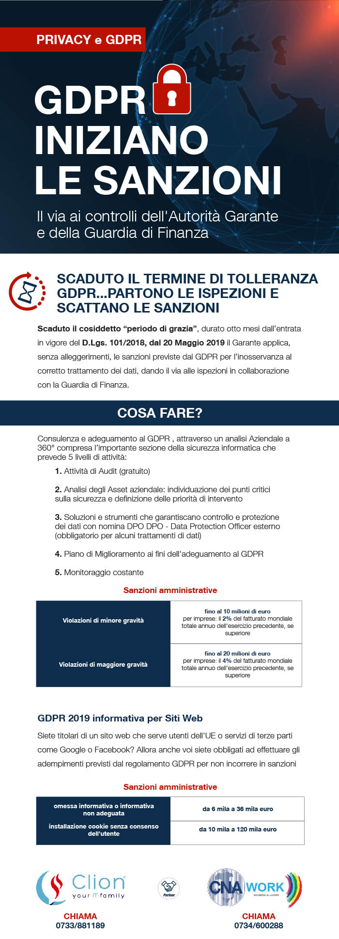 Gdpr: iniziano le sanzioni - Clion Spa e Cna uniti per la regolarizzazione